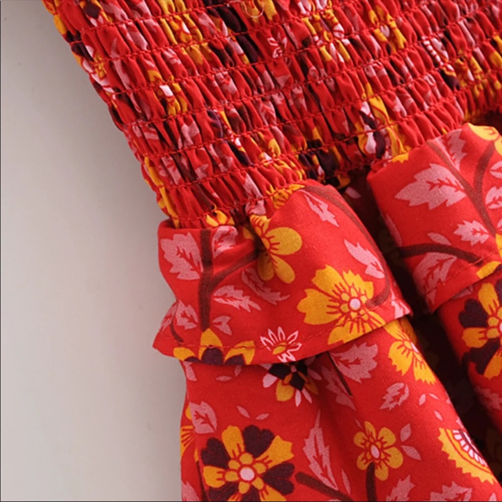 Off the Shoulder Boho Floral Gypsy Print Dress Red - Picture 8 of 10